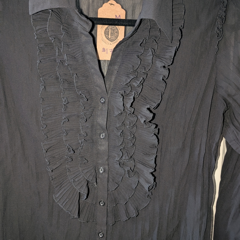 NY Collection Black Ruffled Button-Down Blouse - Picture 2 of 4